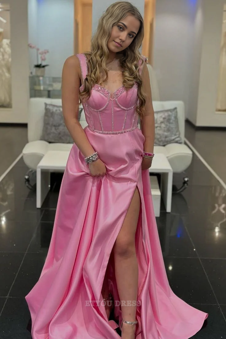A Line Cute V Neck Satin Pink Long formal dresses Bridesmaid Dresses evening gown Prom Dress